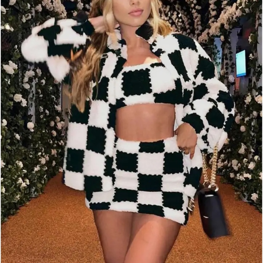 Black and White Checkered 3 Piece Skirt Set